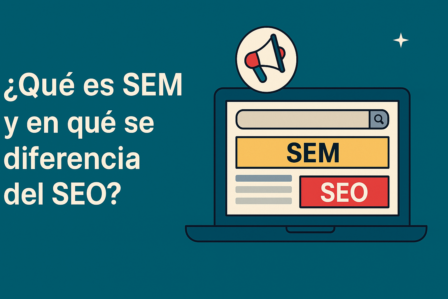 Ilustración sobre las diferencias entre SEM y SEO, destacando la visibilidad inmediata del SEM frente al crecimiento orgánico del SEO.