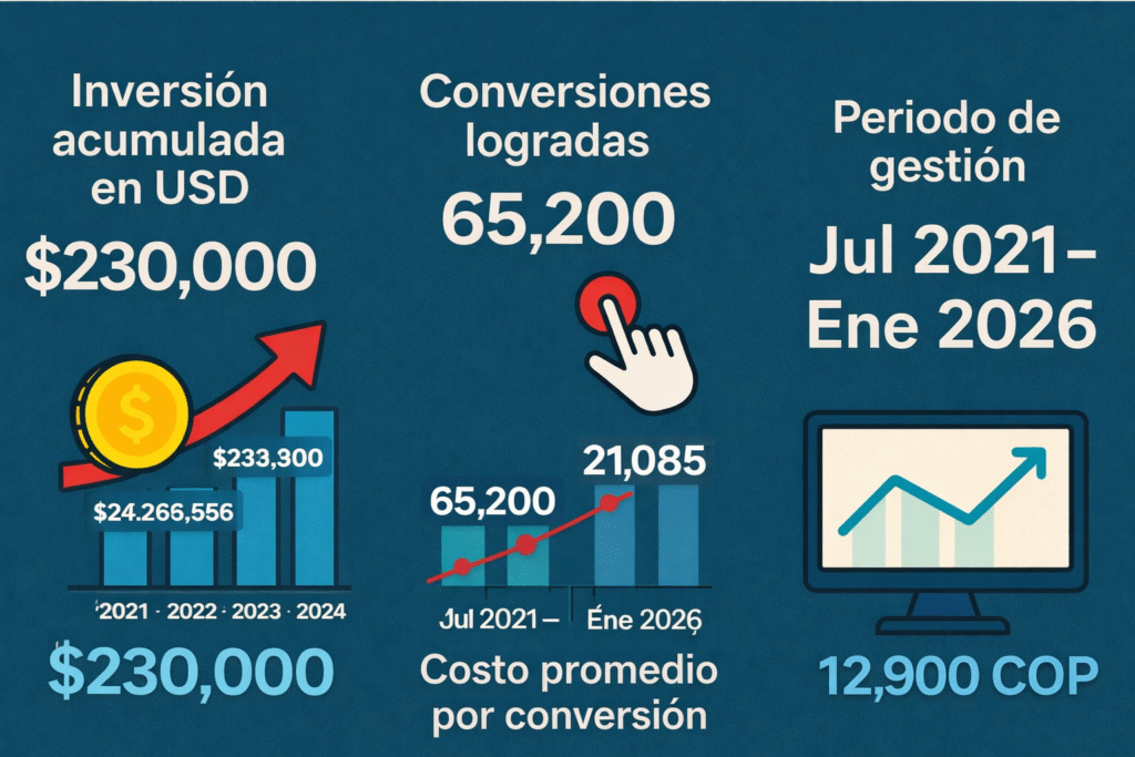 Infografía que muestra el resumen de inversión de 230.000 USD en Google Ads, 65.200 conversiones, periodo de gestión de julio 2021 a enero 2026 y costo promedio por conversión de 12.900 COP.
