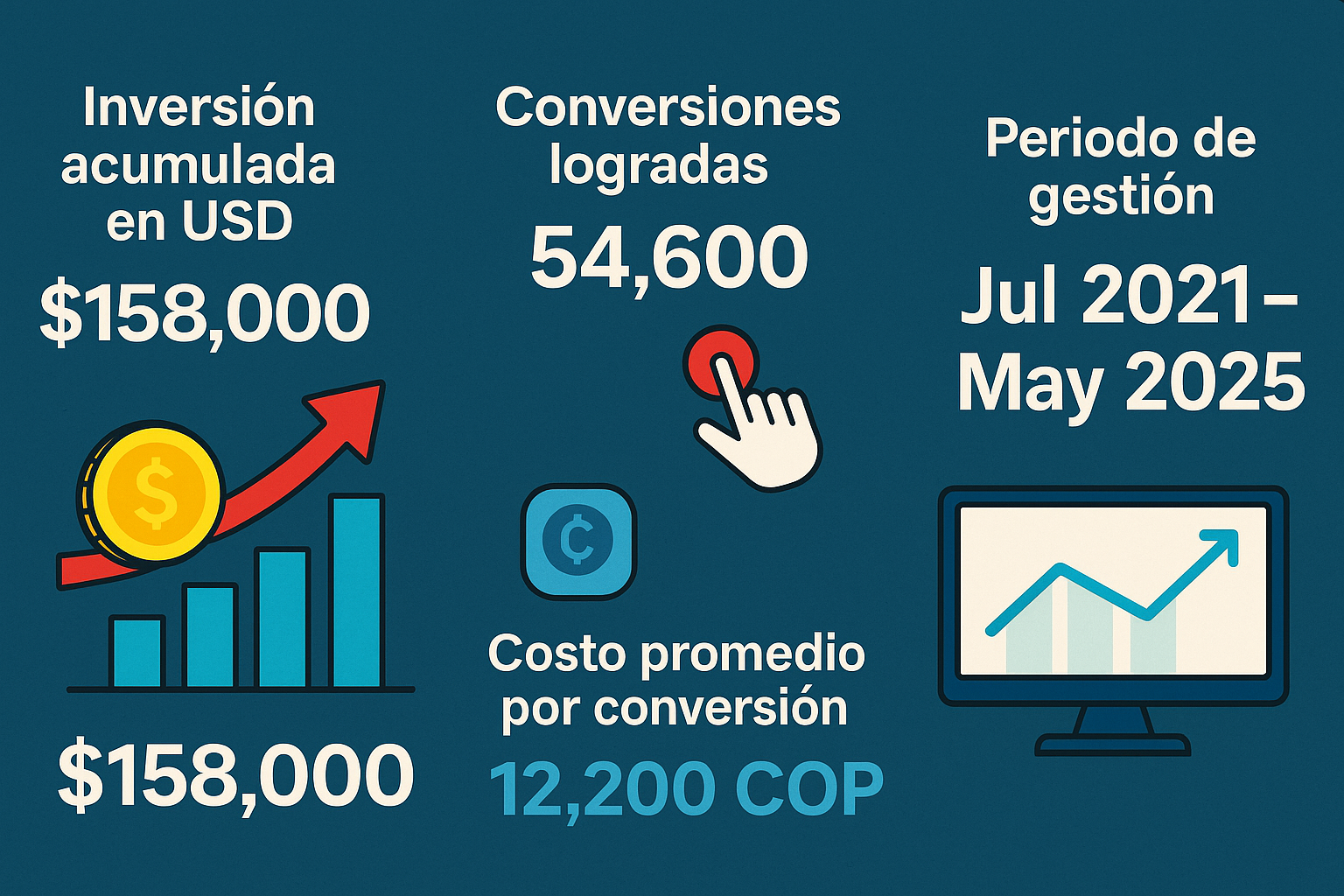 Panel de Google Ads que muestra métricas acumuladas de inversión, clics, conversiones y CPA en campañas gestionadas por 2R Media.